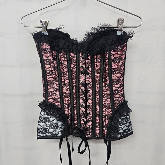 Adore Me Corset Black Pink Lace Ribcage Lace Up Whimsigoth S - Picture 10 of 11